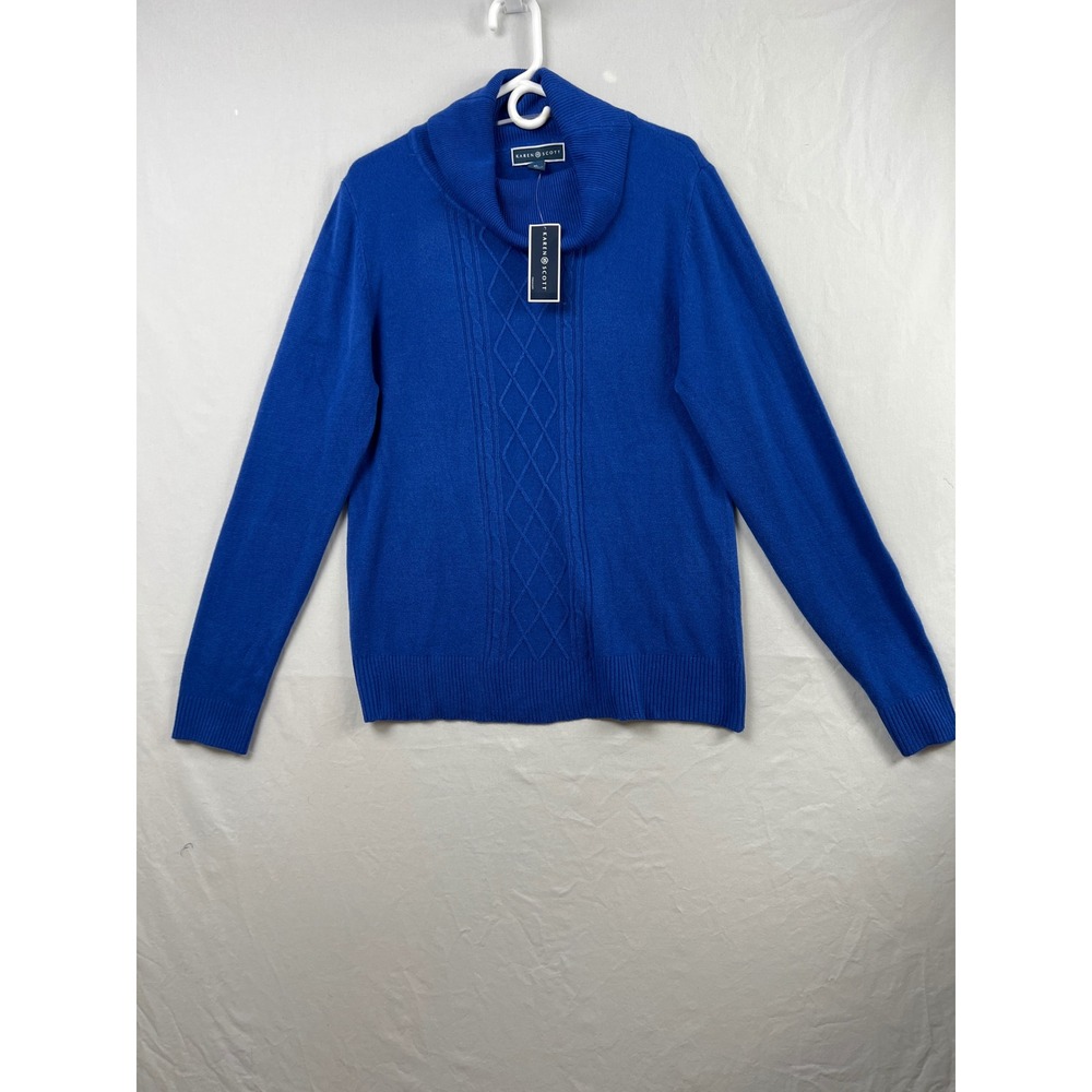 Karen Scott Cowl Neck Sweater Womens XL Blue Cable Knit Luxsoft Cozy New Classic